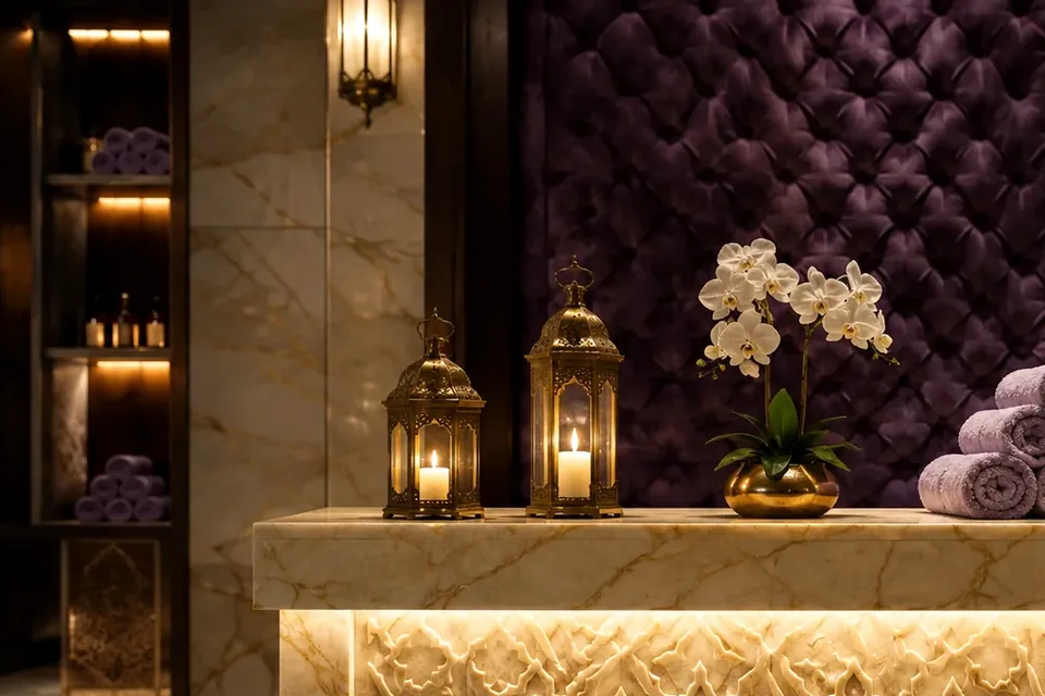 Elena Masaj Salonu — resepsiyon bankosu ve karşılama köşesi